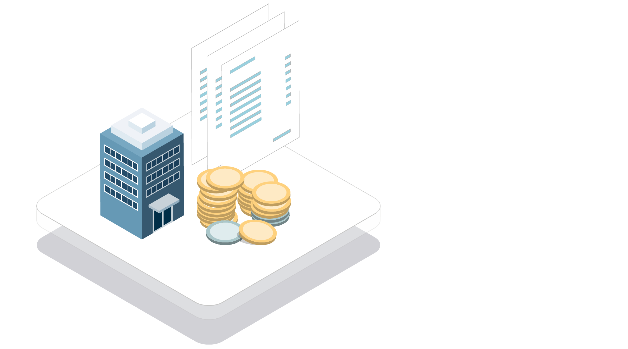 illustration showing an office building, paperwork and coins